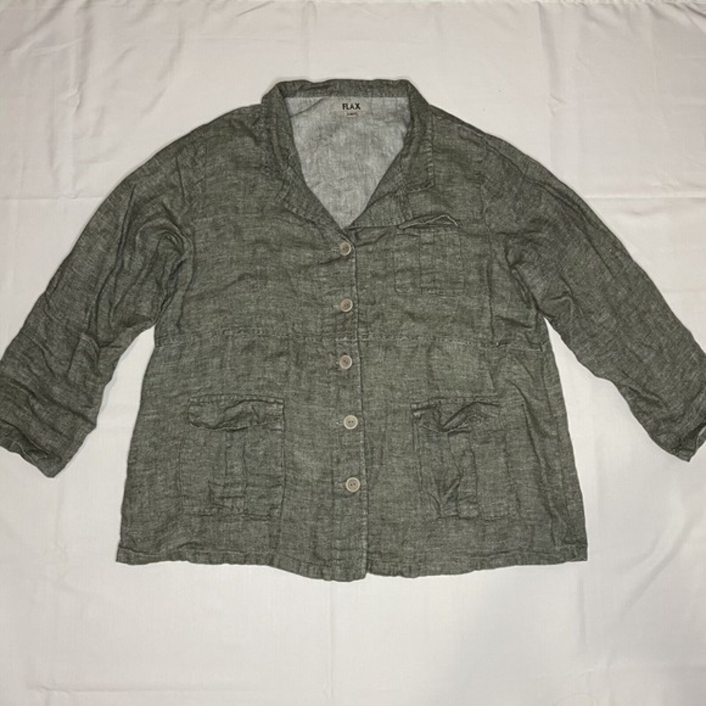 FLAX Button Down Box Cut Lagenlook 100% Linen Jacket‎ Women’s Large Green